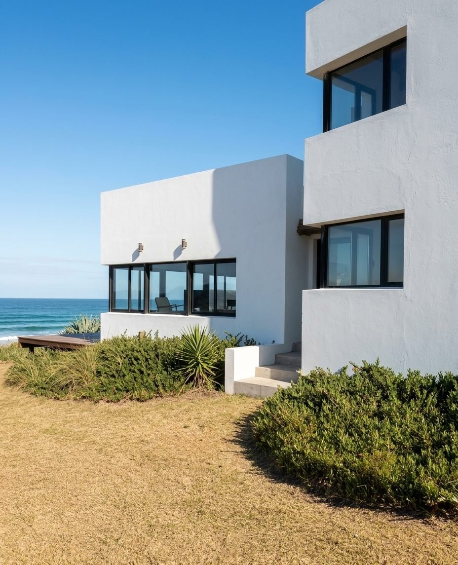 Casa moderna frente al mar con jardín y canteros recién plantados, cielo despejado