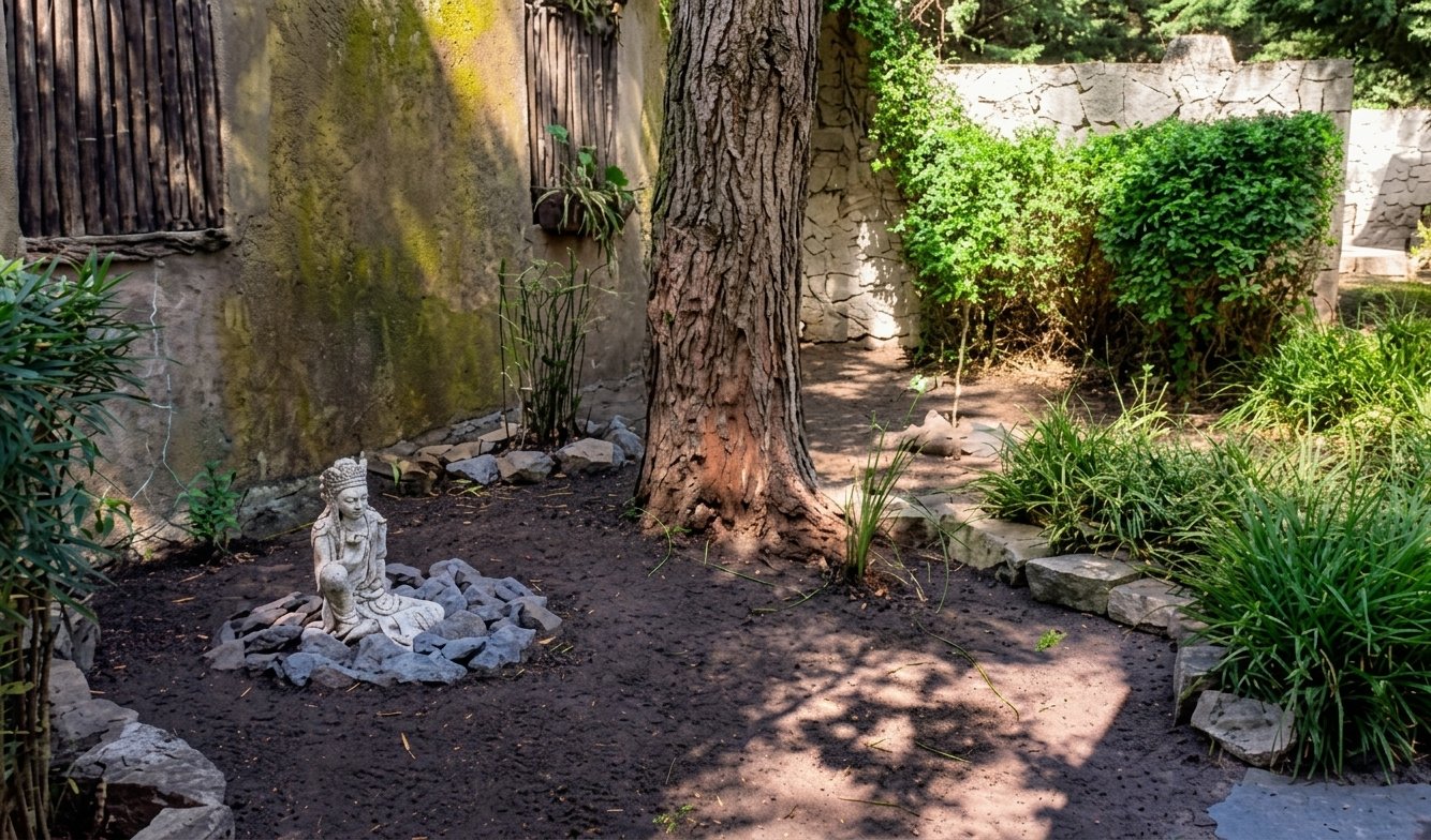 Estatua entre rocas y plantas, en un rincón sombreado del jardín de cabañas