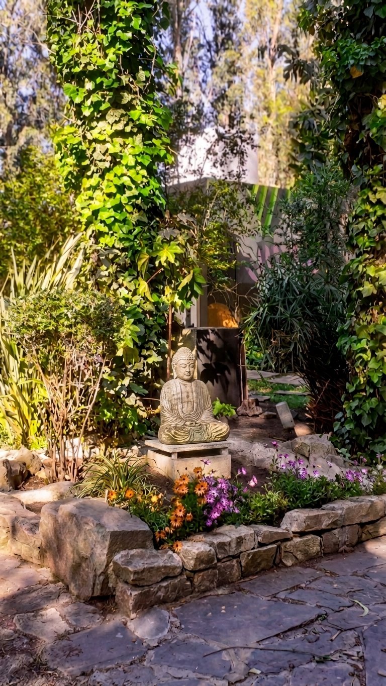 Rincón de jardín zen con estatua de Buda entre plantas floridas