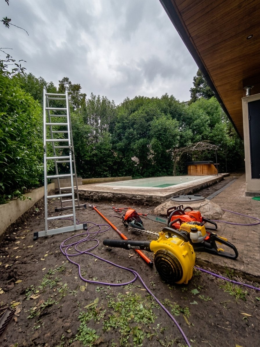 Escalera y herramientas de poda listas junto a una piscina