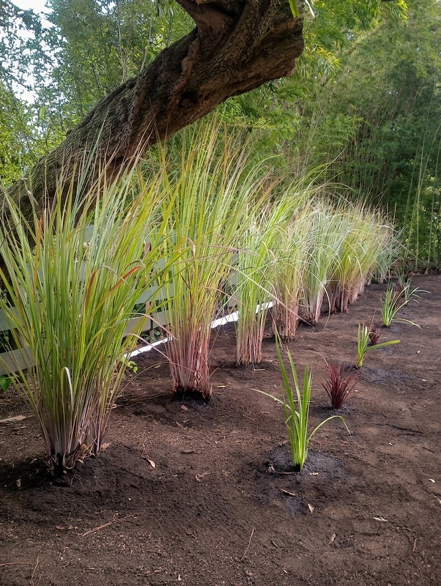 Hilera de gramíneas ornamentales recién plantadas en un cantero