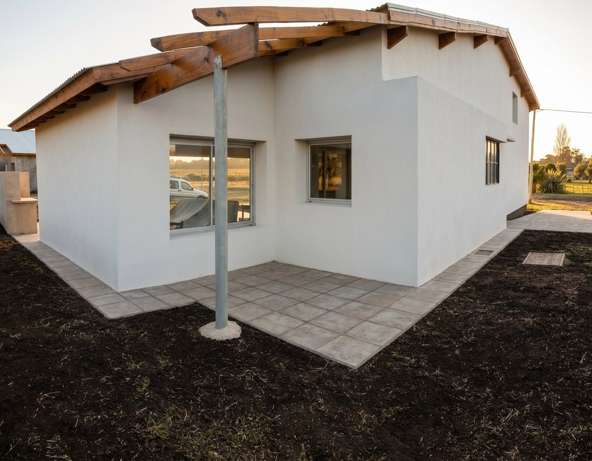 Vivienda con pérgola de madera y terreno preparado para forestación, al atardecer